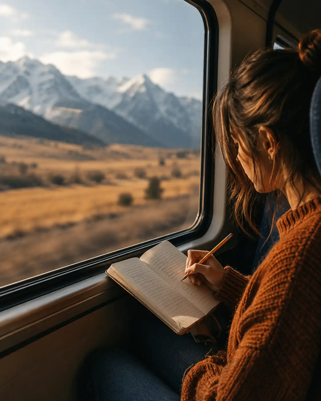 Someone writing in a journal at night